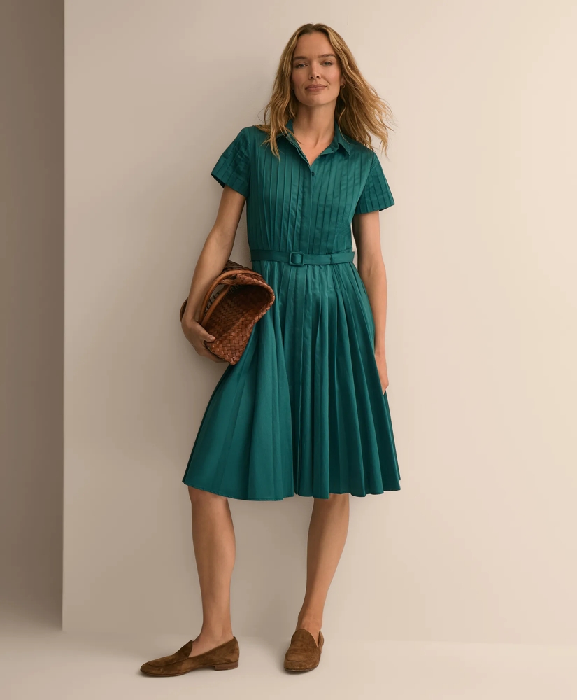 Cotton Sateen Pleated Fit and Flare Shirt Dress, image 2