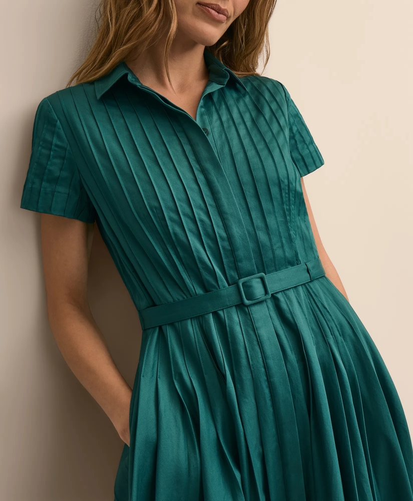 Cotton Sateen Pleated Fit and Flare Shirt Dress, image 3