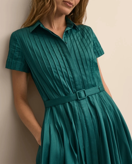 Cotton Sateen Pleated Fit and Flare Shirt Dress, image 3