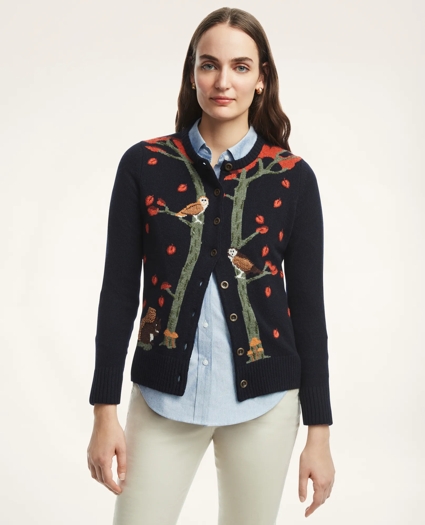 Lambswool Woodland Intarsia Embroidered Cardigan