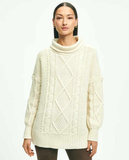 Oversize Merino Wool Mock Neck Aran Knit Sweater, image 1