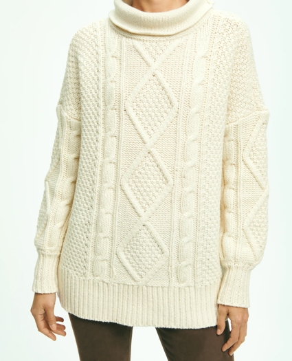 Oversize Merino Wool Mock Neck Aran Knit Sweater, image 9