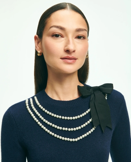 Merino Wool-Cashmere Faux-Pearl Necklace Sweater, image 4