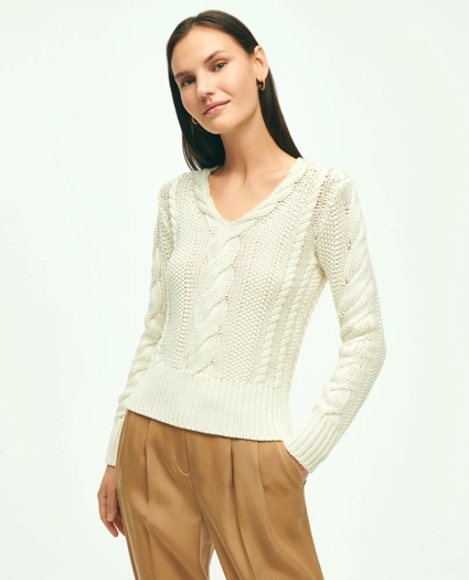Cotton Multi-Cable V-Neck Sweater, image 1