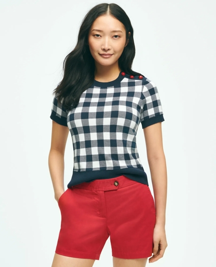 Gingham Ladybug Button-Shoulder Short-Sleeve Sweater, image 1