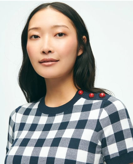 Gingham Ladybug Button-Shoulder Short-Sleeve Sweater, image 4
