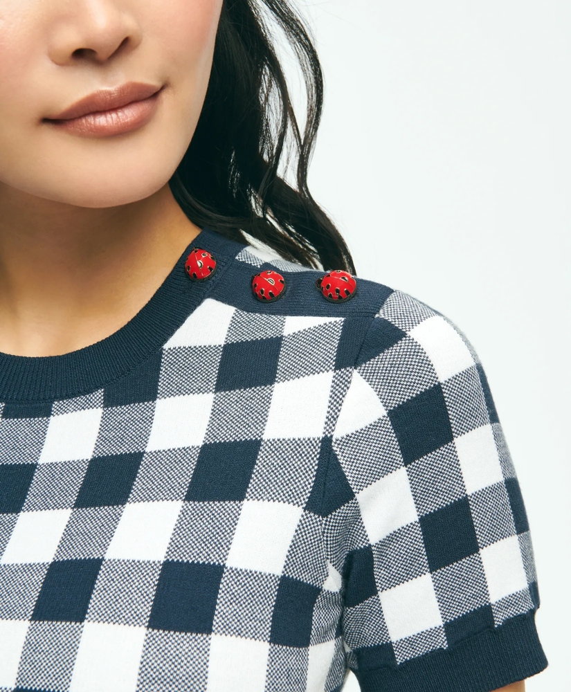 Gingham Ladybug Button-Shoulder Short-Sleeve Sweater, image 6