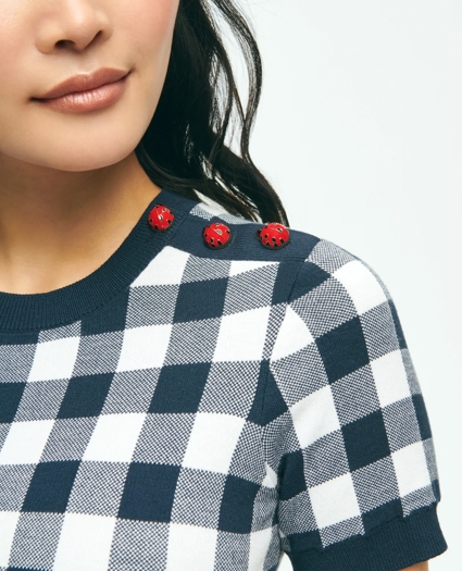 Gingham Ladybug Button-Shoulder Short-Sleeve Sweater, image 6