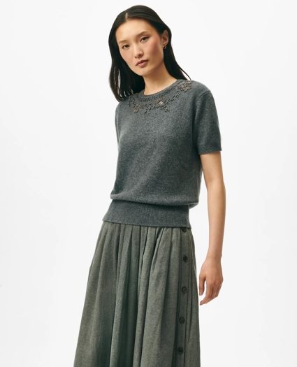 Embellished Twinset Short Sleeve-Shell in Merino Wool, image 1