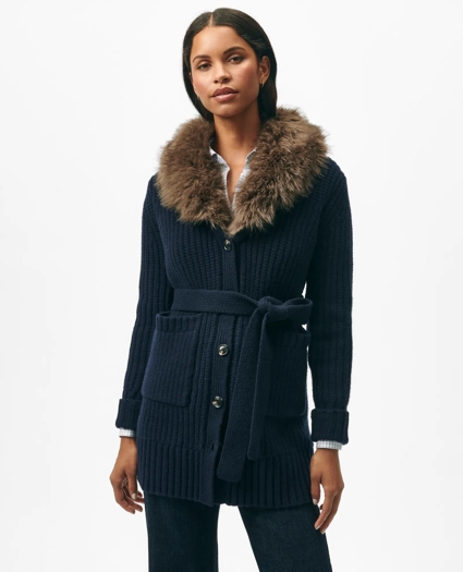 Belted Removable Faux-Fur-Collar Tunic Cardigan in Merino Wool-Cashmere Blend, image 1