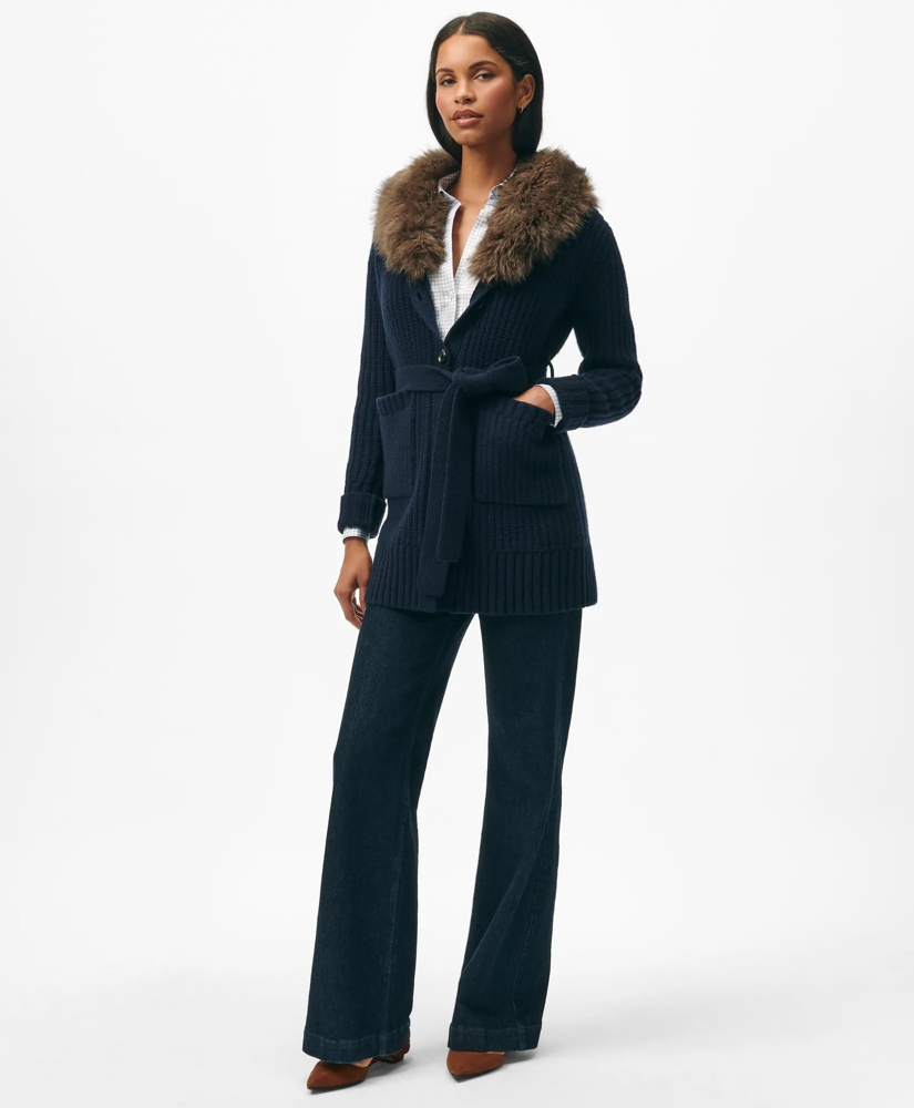 Belted Removable Faux-Fur-Collar Tunic Cardigan in Merino Wool-Cashmere Blend, image 2
