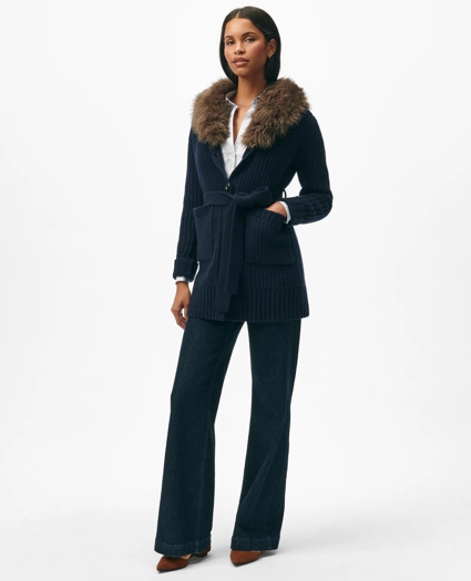 Belted Removable Faux-Fur-Collar Tunic Cardigan in Merino Wool-Cashmere Blend, image 2