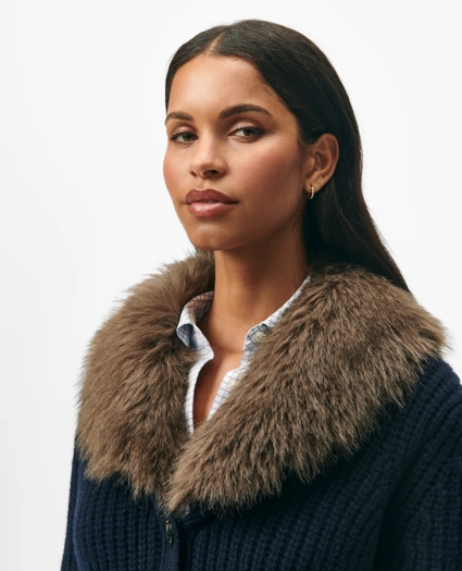 Belted Removable Faux-Fur-Collar Tunic Cardigan in Merino Wool-Cashmere Blend, image 3