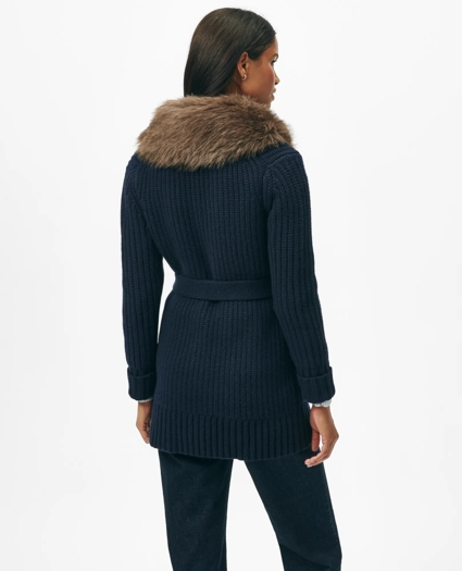 Belted Removable Faux-Fur-Collar Tunic Cardigan in Merino Wool-Cashmere Blend, image 4
