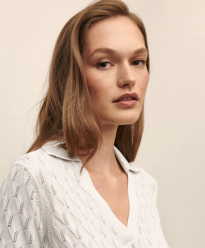 Silk Pointelle Johnny Collar Short-Sleeve Polo Sweater, image 3
