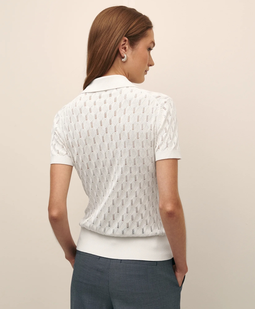 Silk Pointelle Johnny Collar Short-Sleeve Polo Sweater, image 4