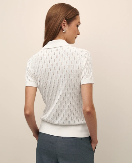Silk Pointelle Johnny Collar Short-Sleeve Polo Sweater, image 4