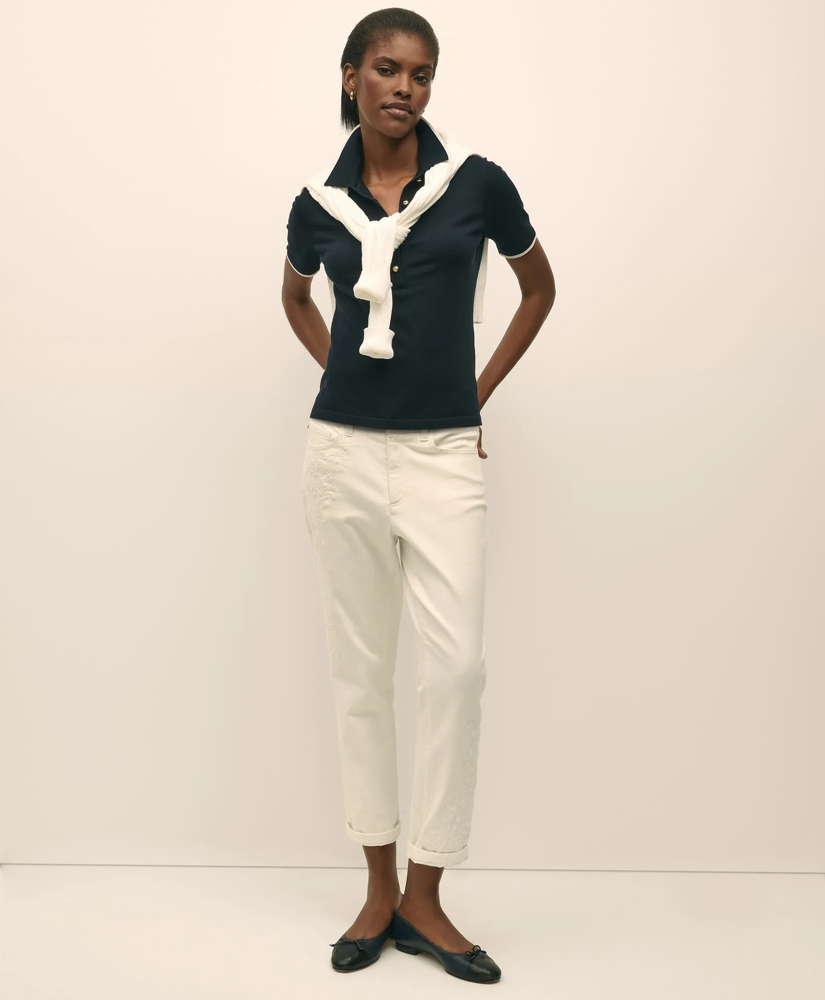 Silk Blend Short-Sleeve Tipped Polo Sweater, image 2