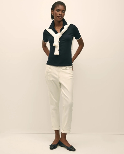 Silk Blend Short-Sleeve Tipped Polo Sweater, image 2