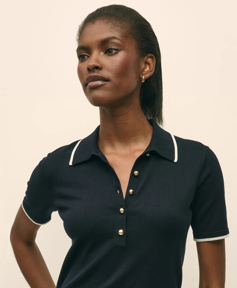 Silk Blend Short-Sleeve Tipped Polo Sweater, image 3