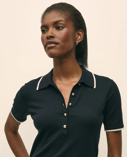 Silk Blend Short-Sleeve Tipped Polo Sweater, image 3