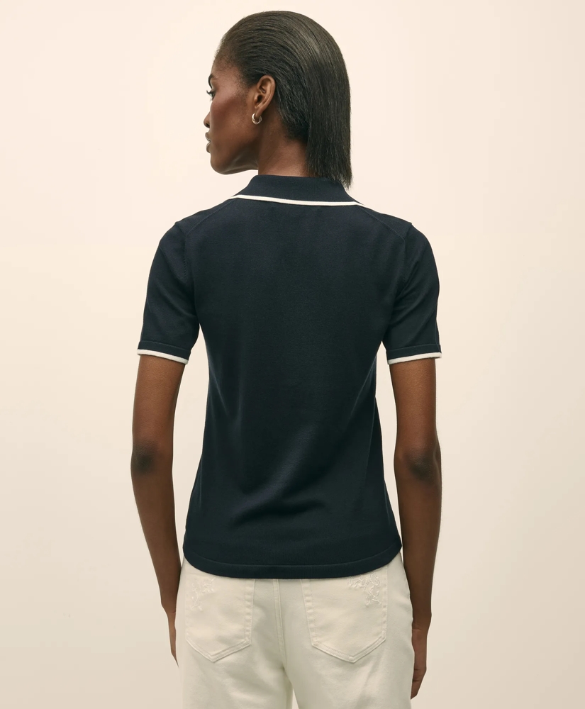 Silk Blend Short-Sleeve Tipped Polo Sweater, image 4