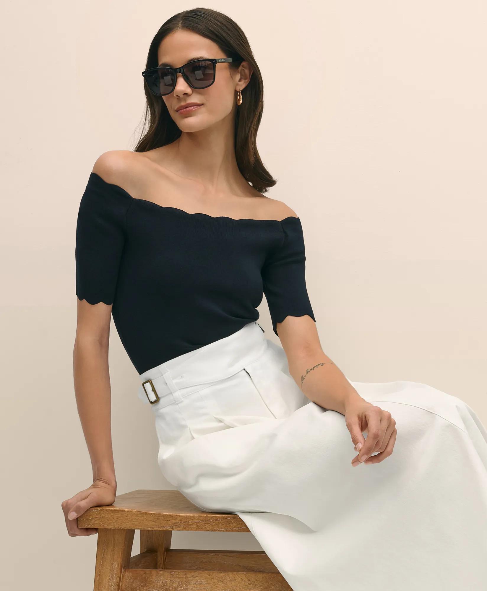 Off-The-Shoulder Scallop Sweater - Black