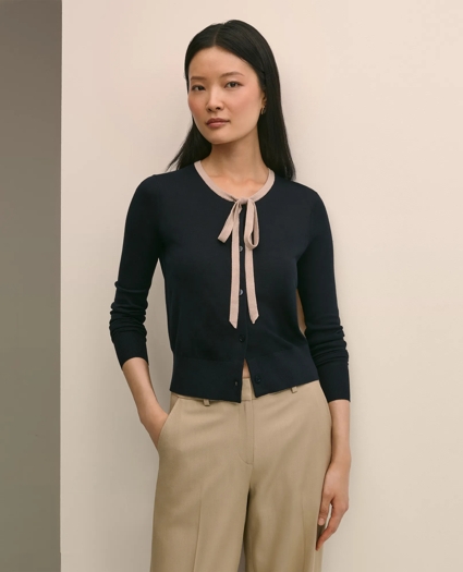 Silk-Blend Tipped Bow-Neck Cardigan, image 1
