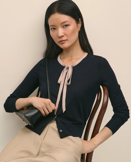 Silk-Blend Tipped Bow-Neck Cardigan, image 2