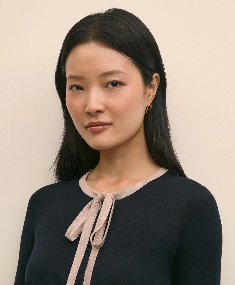 Silk-Blend Tipped Bow-Neck Cardigan, image 4