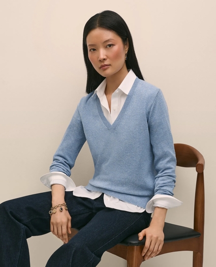Silk V-Neck Marled Knit Relaxed Sweater, image 1