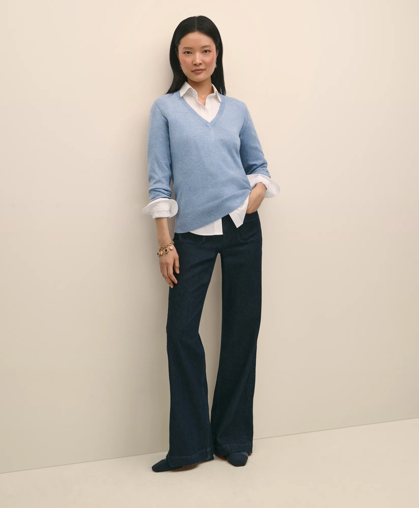 Silk V-Neck Marled Knit Relaxed Sweater, image 2