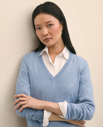 Silk V-Neck Marled Knit Relaxed Sweater, image 3
