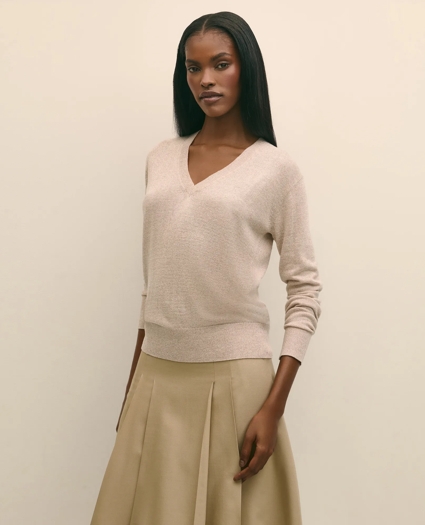 Silk V-Neck Marled Knit Relaxed Sweater, image 2