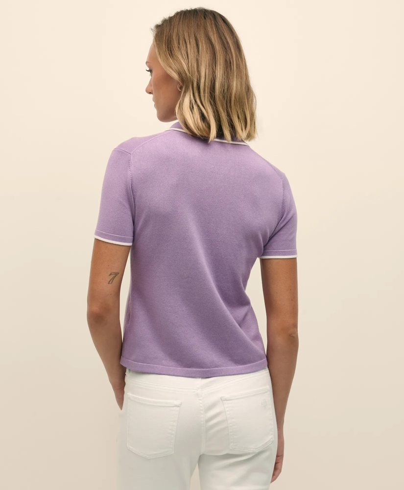 Silk Blend Short-Sleeve Tipped Polo Sweater, image 3
