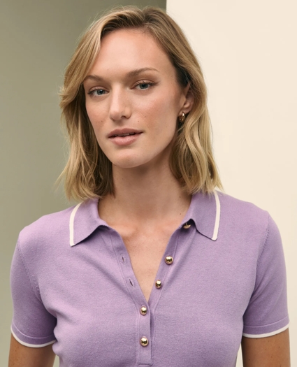 Silk Blend Short-Sleeve Tipped Polo Sweater, image 4