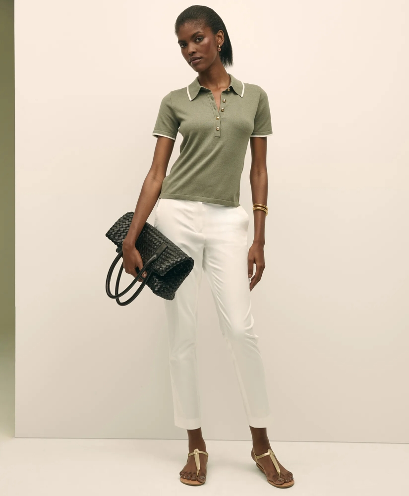 Silk Blend Short-Sleeve Tipped Polo Sweater, image 2