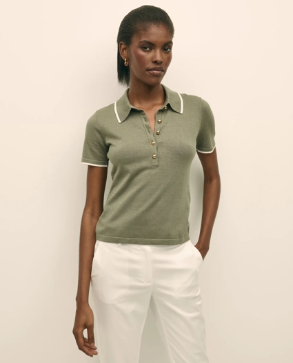 Silk Blend Short-Sleeve Tipped Polo Sweater, image 3