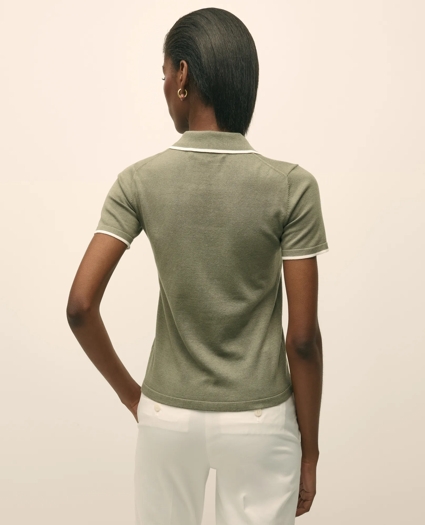 Silk Blend Short-Sleeve Tipped Polo Sweater, image 4