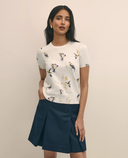 Cotton Short-Sleeve Sweater Shell in Bird Print, image 1
