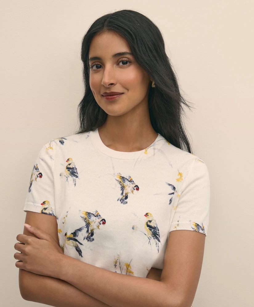 Cotton Short-Sleeve Sweater Shell in Bird Print, image 3