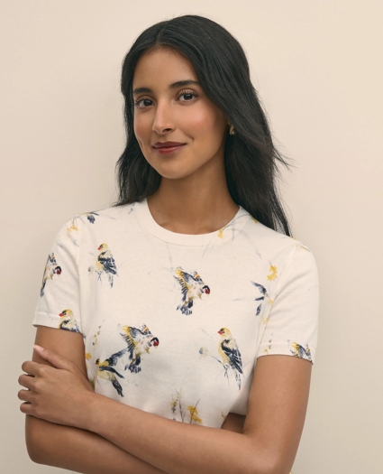 Cotton Short-Sleeve Sweater Shell in Bird Print, image 3