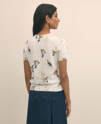 Cotton Short-Sleeve Sweater Shell in Bird Print, image 4