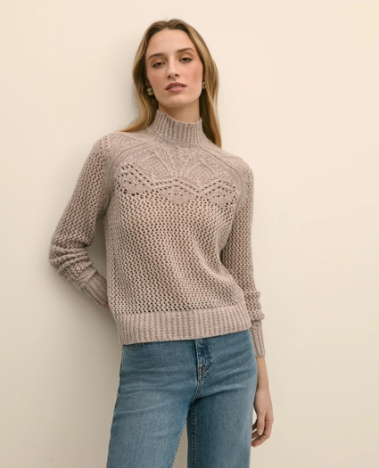 Wool Pointelle Open Knit Mock Neck Sweater, image 1