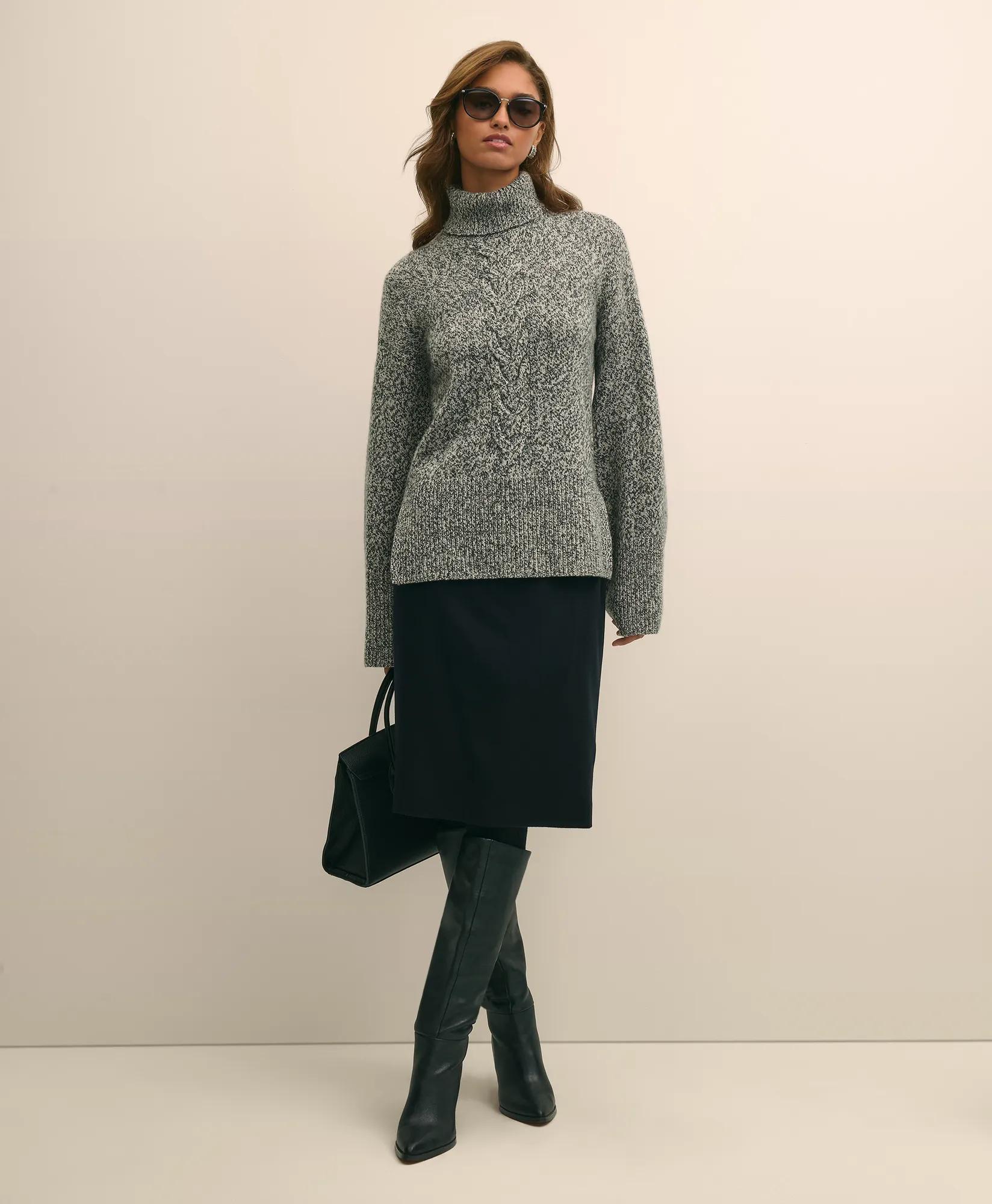 Merino Wool Blend Marled Cable-Knit Turtleneck Sweater, image 2