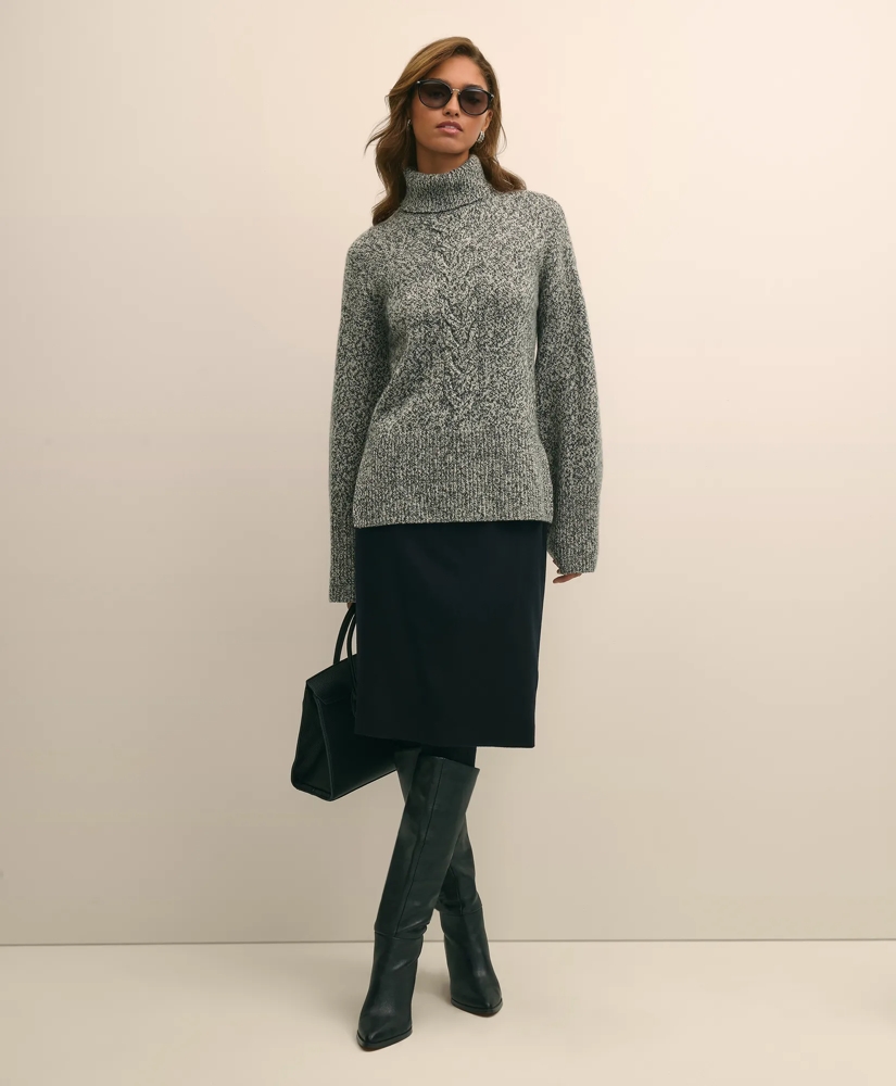 Merino Wool Blend Marled Cable-Knit Turtleneck Sweater