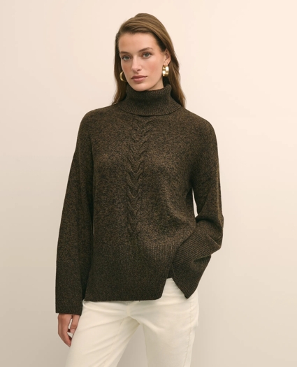 Merino Wool Blend Marled Cable-Knit Turtleneck Sweater, image 1