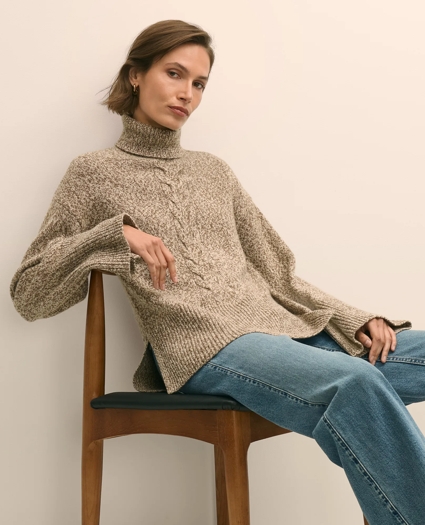 Merino Wool Blend Marled Cable-Knit Turtleneck Sweater, image 1