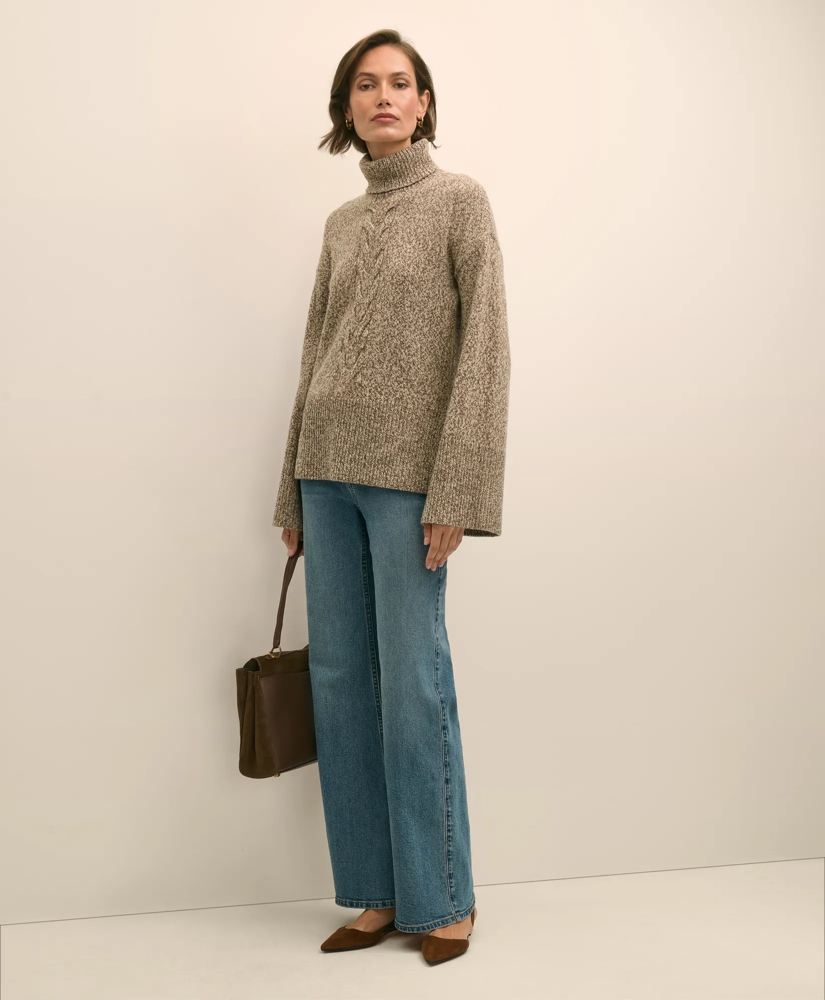 Merino Wool Blend Marled Cable-Knit Turtleneck Sweater, image 2