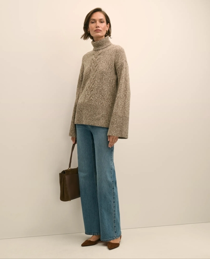 Merino Wool Blend Marled Cable-Knit Turtleneck Sweater, image 2
